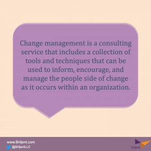 Black text against purple "speech bubble" background, "Change management is a consulting service that includes a collection of tools and techniques that can be used to inform, encourage, and manage the people side of change as it occurs within an organization."