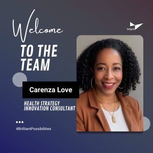 Welcome announcement graphic for Carenza Love joining as Health Strategy & Innovation Consultant. The design features a dark background with light blue and white circular patterns. Text on the left reads 'Welcome TO THE TEAM' and 'Carenza Love, HEALTH STRATEGY & INNOVATION CONSULTANT.' On the right is a blurred photo of Carenza Love wearing a brown blazer, light top, and gold jewelry.