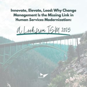 Graphic featuring a tall green arch bridge spanning a forested mountain valley. Overlaid text reads: “Innovate, Elevate, Lead: Why Change Management Is the Missing Link in Human Services Modernization: A Look from ISM 2025.” The Briljent logo appears at the bottom center.