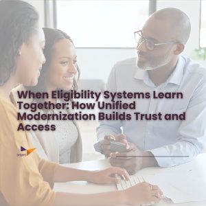 Three professionals collaborating at a desk with a computer, representing teamwork and unified modernization in eligibility systems. Text overlay reads: ‘When Eligibility Systems Learn Together: How Unified Modernization Builds Trust and Access.’ Briljent logo in corner.”