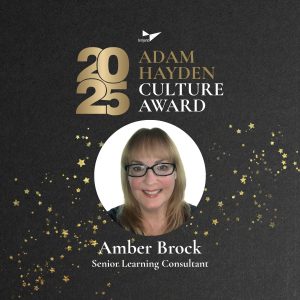 2025 Adam Hayden Culture Award presented to Amber Brock, Senior Learning Consultant, with gold stars on black background.